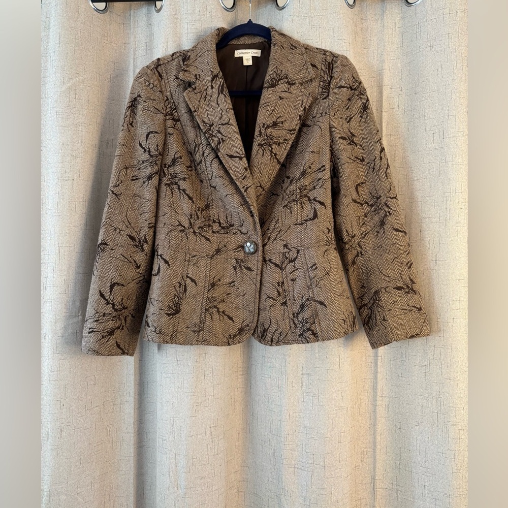 Coldwater Creek Women's Blazer Printed Tweed Brown Leaf Size 6 Bronze Buttons